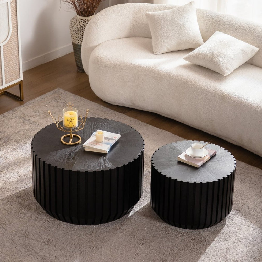 English Elm Set of 2 Fluted Round Nesting Tables Matte Black Solid Wood Living Room Accent W3158P395513