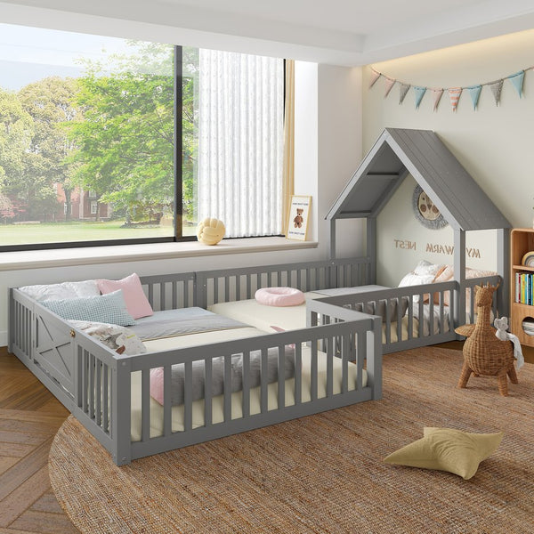 English Elm Full House Floor Bed with Door and Guardrails for Kids, Solid Wood Double Full, Safe Play Nook Grey W1580P354640