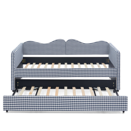 Twin‑size Gingham Upholstered Daybed with Pull Out Trundle and Side Storage Pocket