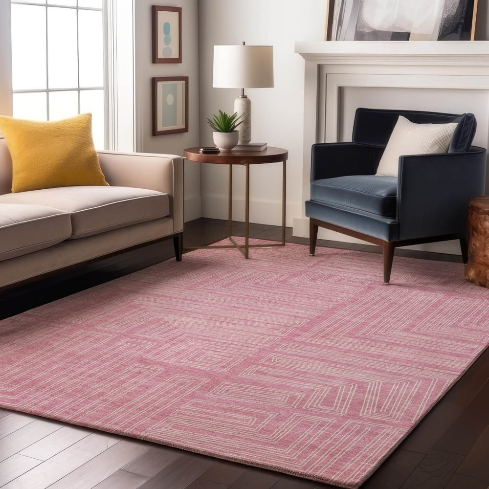 HomeRoots 10' X 14' Pink and Ivory Geometric Washable Area Rug - UV Protected, Stain-Resistant, Modern Style 682001
