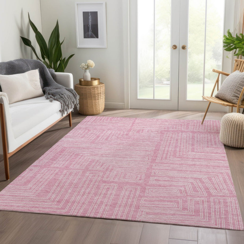 HomeRoots 10' X 14' Pink and Ivory Geometric Washable Area Rug - UV Protected, Stain-Resistant, Modern Style 682001