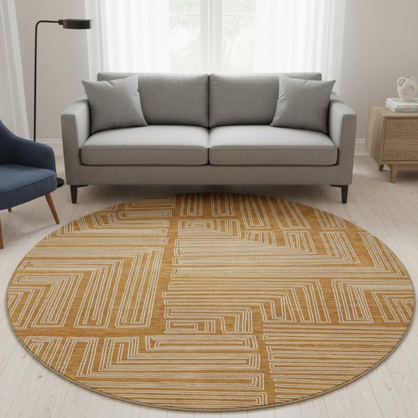 HomeRoots 8' Washable Round Rug in Rust and Ivory Geometric Design - Durable, UV-Protected, Stain-Resistant! 682004
