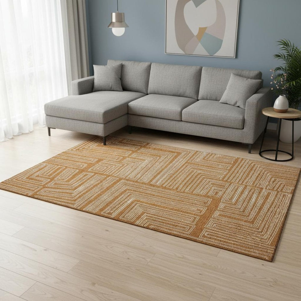 HomeRoots 9' X 12' Stylish Rust and Ivory Geometric Washable Area Rug with UV Protection for Family Homes 682006