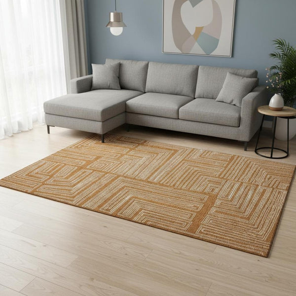 HomeRoots 9' X 12' Stylish Rust and Ivory Geometric Washable Area Rug with UV Protection for Family Homes 682006