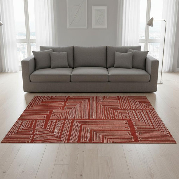 HomeRoots 5' X 8' Red And Ivory Geometric Area Rug - Durable, Washable, UV Protected, Perfect for High-Traffic Spaces 682009