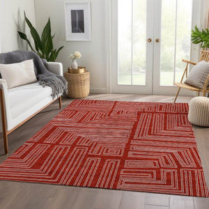 HomeRoots 5' X 8' Red And Ivory Geometric Area Rug - Durable, Washable, UV Protected, Perfect for High-Traffic Spaces 682009