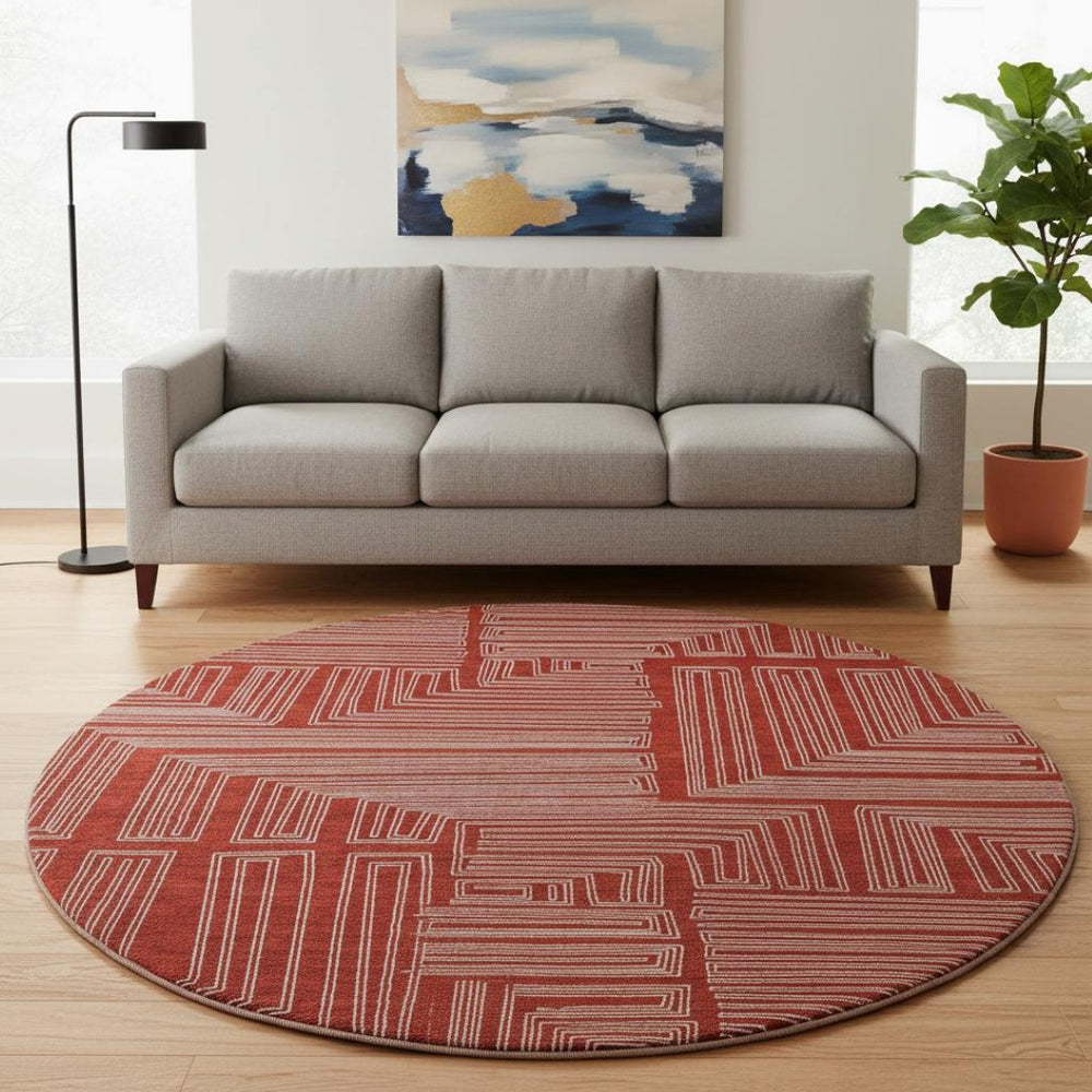 HomeRoots 8' Red and Ivory Geometric Round Rug - Washable, UV-Protected, Stain-Resistant for High-Traffic Areas 682010