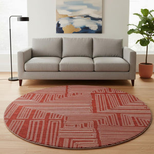 HomeRoots 8' Red and Ivory Geometric Round Rug - Washable, UV-Protected, Stain-Resistant for High-Traffic Areas 682010