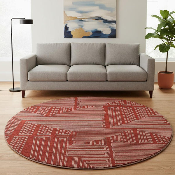 HomeRoots 8' Red and Ivory Geometric Round Rug - Washable, UV-Protected, Stain-Resistant for High-Traffic Areas 682010