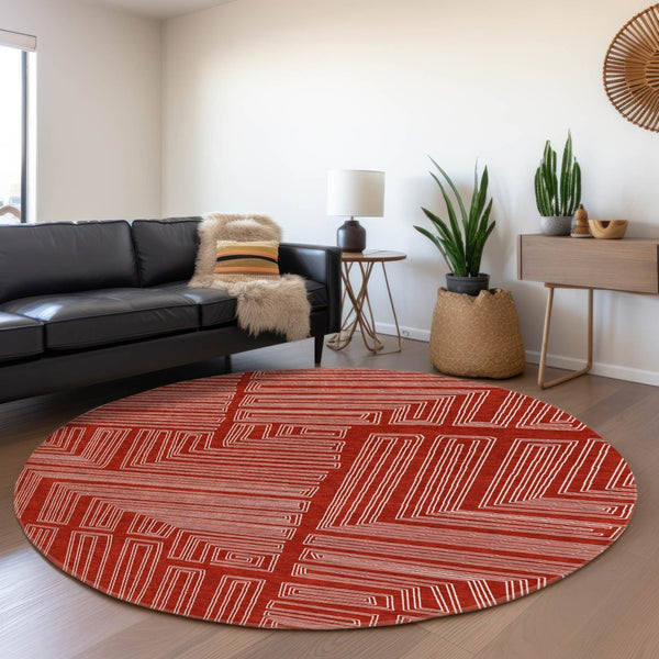 HomeRoots 8' Red and Ivory Geometric Round Rug - Washable, UV-Protected, Stain-Resistant for High-Traffic Areas 682010