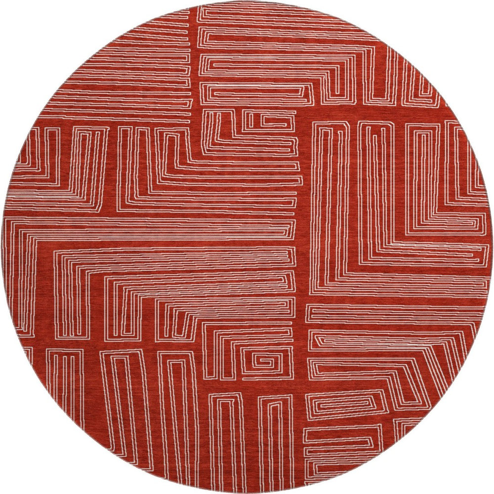 HomeRoots 8' Red and Ivory Geometric Round Rug - Washable, UV-Protected, Stain-Resistant for High-Traffic Areas 682010