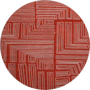 HomeRoots 8' Red and Ivory Geometric Round Rug - Washable, UV-Protected, Stain-Resistant for High-Traffic Areas 682010