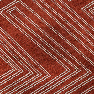 HomeRoots 8' Red and Ivory Geometric Round Rug - Washable, UV-Protected, Stain-Resistant for High-Traffic Areas 682010