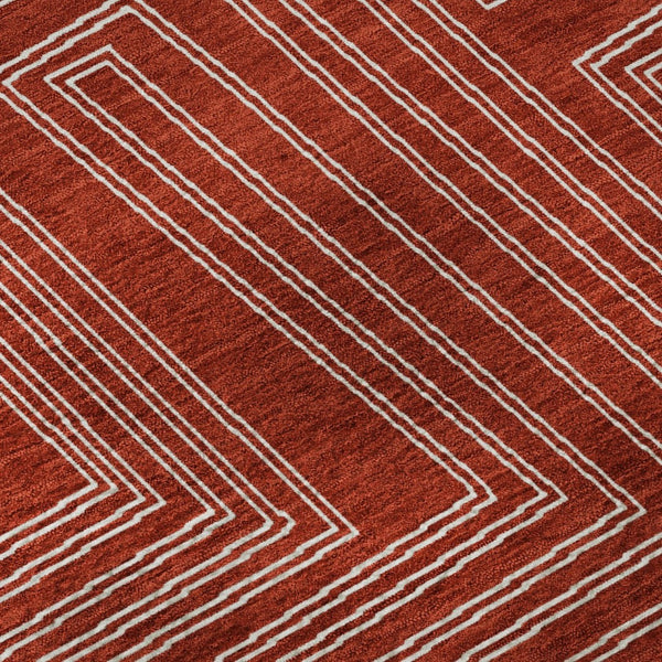 HomeRoots 8' Red and Ivory Geometric Round Rug - Washable, UV-Protected, Stain-Resistant for High-Traffic Areas 682010