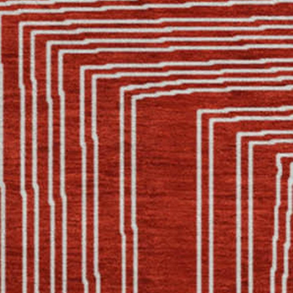 HomeRoots 8' Red and Ivory Geometric Round Rug - Washable, UV-Protected, Stain-Resistant for High-Traffic Areas 682010