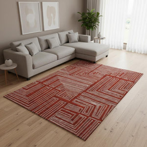 HomeRoots 8' X 10' Red And Ivory Geometric Area Rug – Washable, UV Protected, Stain-Resistant, Durable Style! 682011