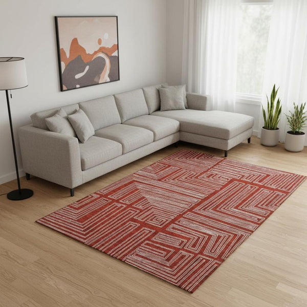 HomeRoots 9' X 12' Red & Ivory Geometric Area Rug - Washable, UV-Protected, Durable for High-Traffic Spaces 682012