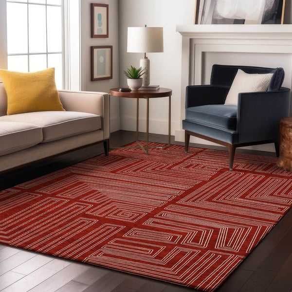 HomeRoots 9' X 12' Red & Ivory Geometric Area Rug - Washable, UV-Protected, Durable for High-Traffic Spaces 682012