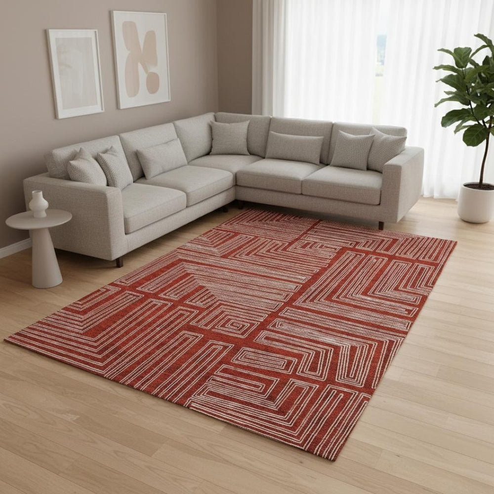 HomeRoots 10' X 14' Red And Ivory Geometric Area Rug – Washable, UV-Protected, Durable, Ideal for Family Spaces 682013