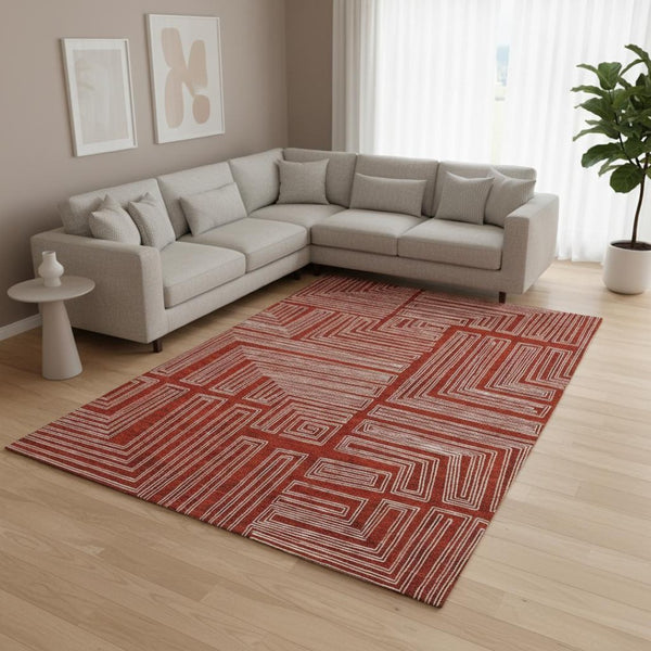 HomeRoots 10' X 14' Red And Ivory Geometric Area Rug – Washable, UV-Protected, Durable, Ideal for Family Spaces 682013