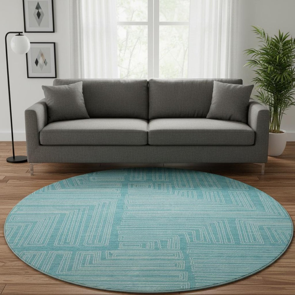 HomeRoots 8' Turquoise & Ivory Geometric Round Rug - Washable, UV Protected, Stylish for High-Traffic Areas 682016