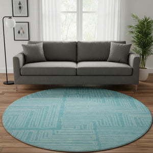 HomeRoots 8' Turquoise & Ivory Geometric Round Rug - Washable, UV Protected, Stylish for High-Traffic Areas 682016