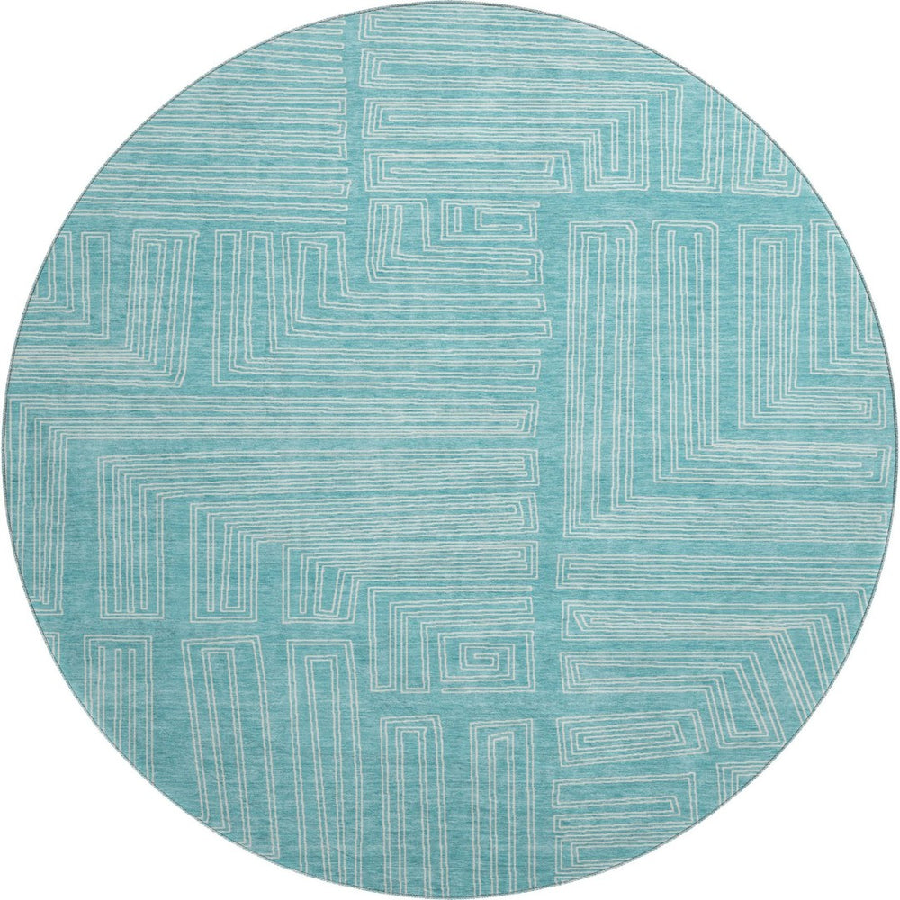 HomeRoots 8' Turquoise & Ivory Geometric Round Rug - Washable, UV Protected, Stylish for High-Traffic Areas 682016