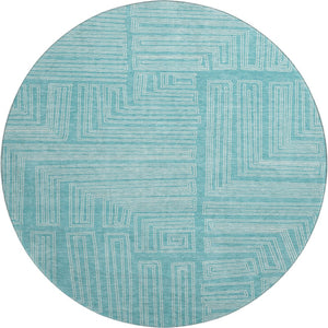 HomeRoots 8' Turquoise & Ivory Geometric Round Rug - Washable, UV Protected, Stylish for High-Traffic Areas 682016