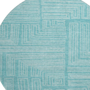 HomeRoots 8' Turquoise & Ivory Geometric Round Rug - Washable, UV Protected, Stylish for High-Traffic Areas 682016