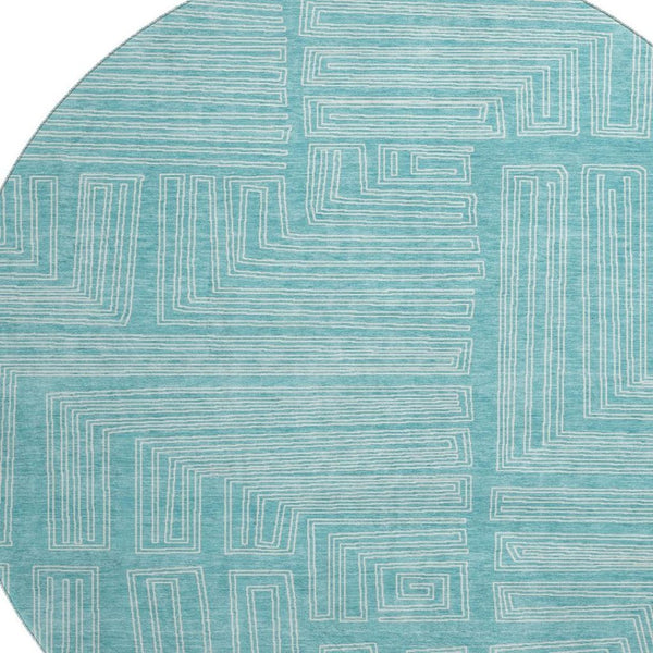 HomeRoots 8' Turquoise & Ivory Geometric Round Rug - Washable, UV Protected, Stylish for High-Traffic Areas 682016