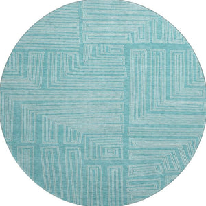 HomeRoots 8' Turquoise & Ivory Geometric Round Rug - Washable, UV Protected, Stylish for High-Traffic Areas 682016