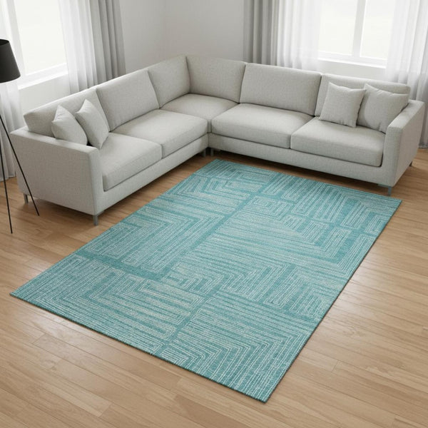 HomeRoots 9' X 12' Turquoise Geometric Area Rug - Washable, UV-Protected, Stain-Resistant for Modern Homes 682018