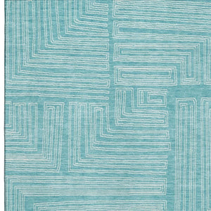 HomeRoots 9' X 12' Turquoise Geometric Area Rug - Washable, UV-Protected, Stain-Resistant for Modern Homes 682018