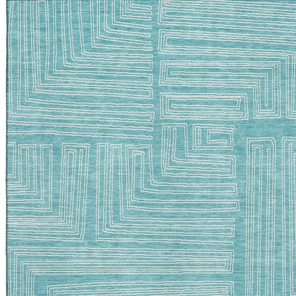 HomeRoots 9' X 12' Turquoise Geometric Area Rug - Washable, UV-Protected, Stain-Resistant for Modern Homes 682018