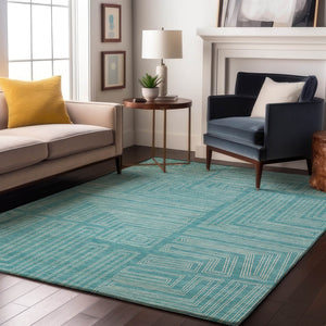 HomeRoots 10' X 14' Turquoise & Ivory Geometric Area Rug - Durable, Washable, UV Protected for Modern Spaces 682019