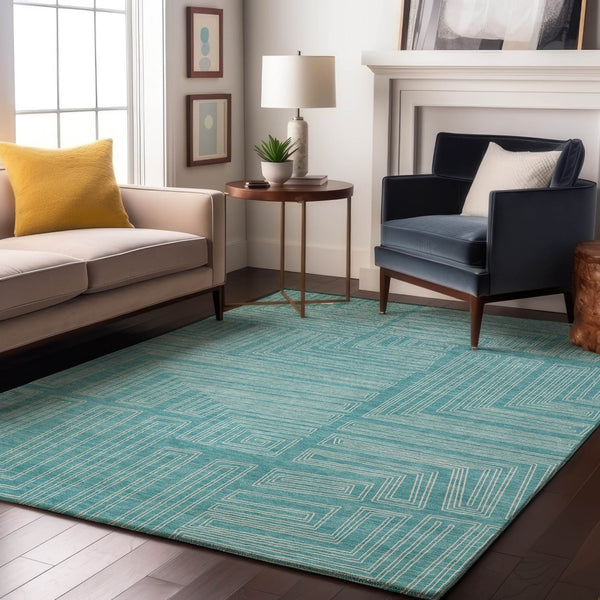 HomeRoots 10' X 14' Turquoise & Ivory Geometric Area Rug - Durable, Washable, UV Protected for Modern Spaces 682019