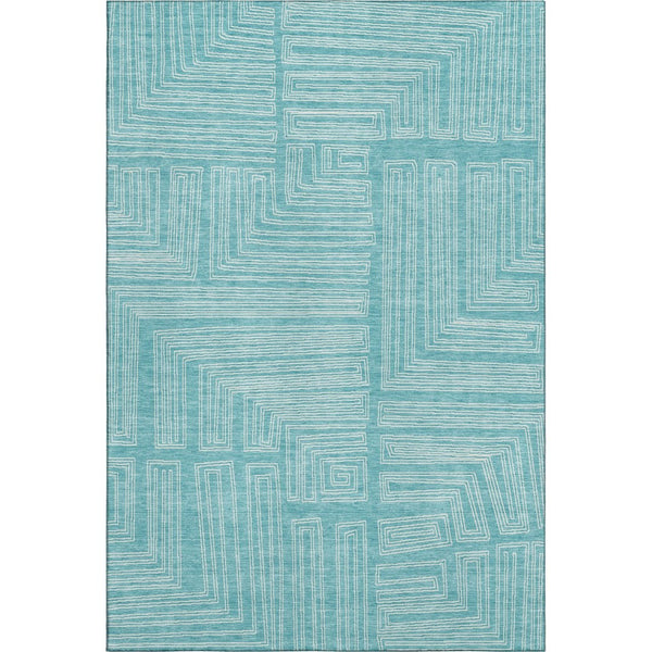 HomeRoots 10' X 14' Turquoise & Ivory Geometric Area Rug - Durable, Washable, UV Protected for Modern Spaces 682019