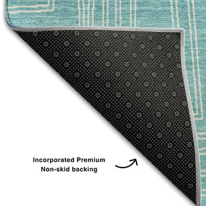 HomeRoots 10' X 14' Turquoise & Ivory Geometric Area Rug - Durable, Washable, UV Protected for Modern Spaces 682019