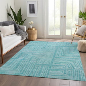 HomeRoots 10' X 14' Turquoise & Ivory Geometric Area Rug - Durable, Washable, UV Protected for Modern Spaces 682019
