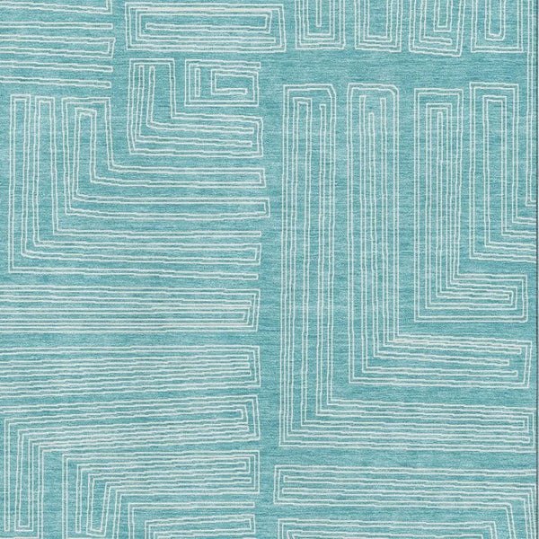 HomeRoots 10' X 14' Turquoise & Ivory Geometric Area Rug - Durable, Washable, UV Protected for Modern Spaces 682019