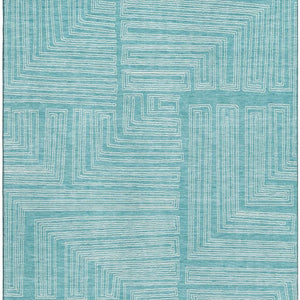 HomeRoots 10' X 14' Turquoise & Ivory Geometric Area Rug - Durable, Washable, UV Protected for Modern Spaces 682019