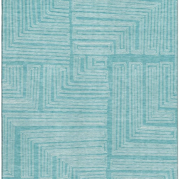 HomeRoots 10' X 14' Turquoise & Ivory Geometric Area Rug - Durable, Washable, UV Protected for Modern Spaces 682019