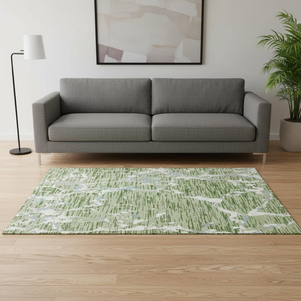 HomeRoots 5' X 8' Stylish Artichoke Green, Blue & Ivory Striped Washable Area Rug with UV Protection & Durability 682021