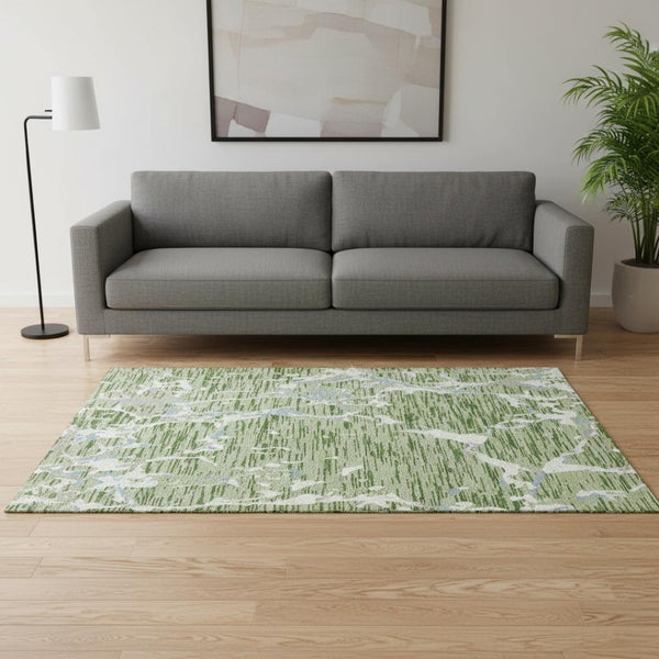 HomeRoots 5' X 8' Stylish Artichoke Green, Blue & Ivory Striped Washable Area Rug with UV Protection & Durability 682021