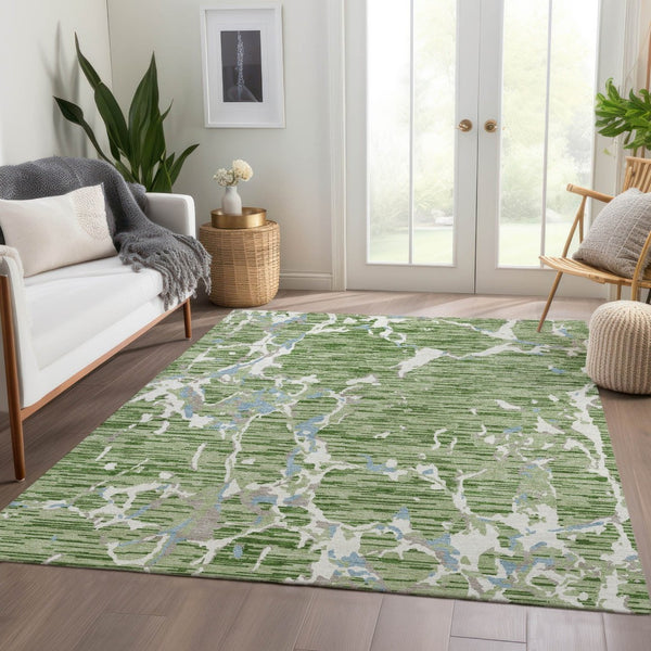 HomeRoots 5' X 8' Stylish Artichoke Green, Blue & Ivory Striped Washable Area Rug with UV Protection & Durability 682021