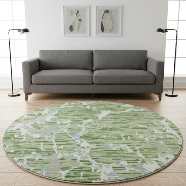 HomeRoots 8' Artichoke Green, Blue & Ivory Striped Washable Round Rug - Durable, UV Protected & Stylish Decor 682022
