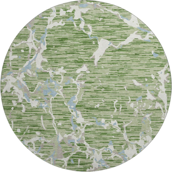 HomeRoots 8' Artichoke Green, Blue & Ivory Striped Washable Round Rug - Durable, UV Protected & Stylish Decor 682022