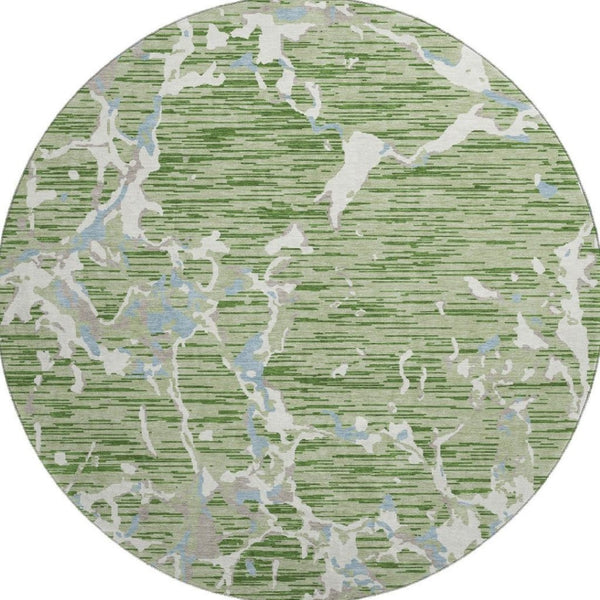 HomeRoots 8' Artichoke Green, Blue & Ivory Striped Washable Round Rug - Durable, UV Protected & Stylish Decor 682022