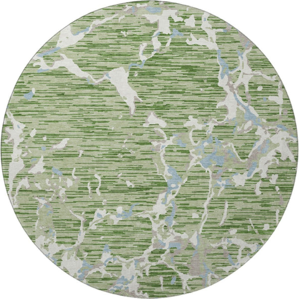 HomeRoots 8' Artichoke Green, Blue & Ivory Striped Washable Round Rug - Durable, UV Protected & Stylish Decor 682022