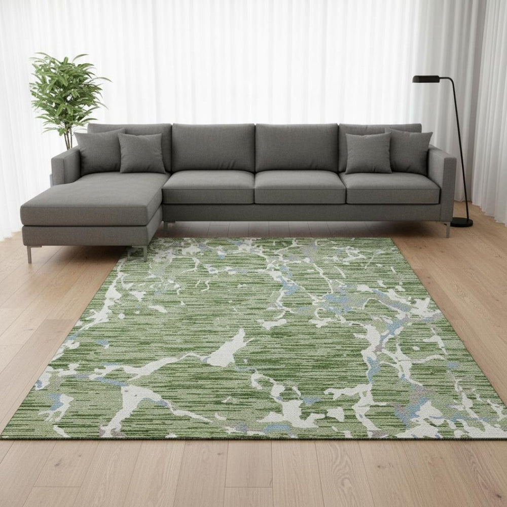 HomeRoots 8' X 10' Stylish Artichoke Green Blue Ivory Striped Washable Area Rug with UV Protection & Durability 682023